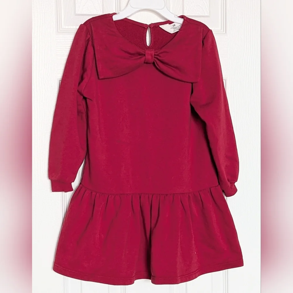 H&M Girls' (Size 4-6) Dark Red Ruffled Hem Sweatshirt Dress w/Large Bow Accent - Picture 3 of 16
